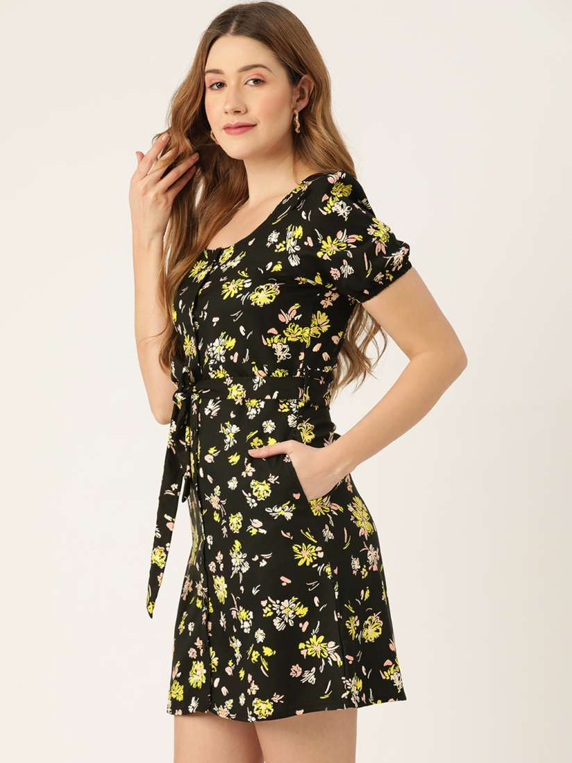 Buy DressBerry Black Yellow Floral Print A Line Mini Dress with Belt Dresses for Women 14773916 Myntra