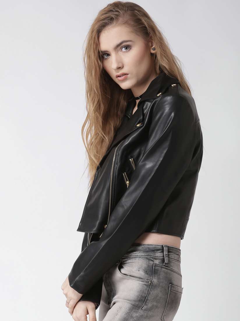 Buy Silvian Heach Black Faux Leather Crop Biker Jacket Jackets for Women 1477464 Myntra