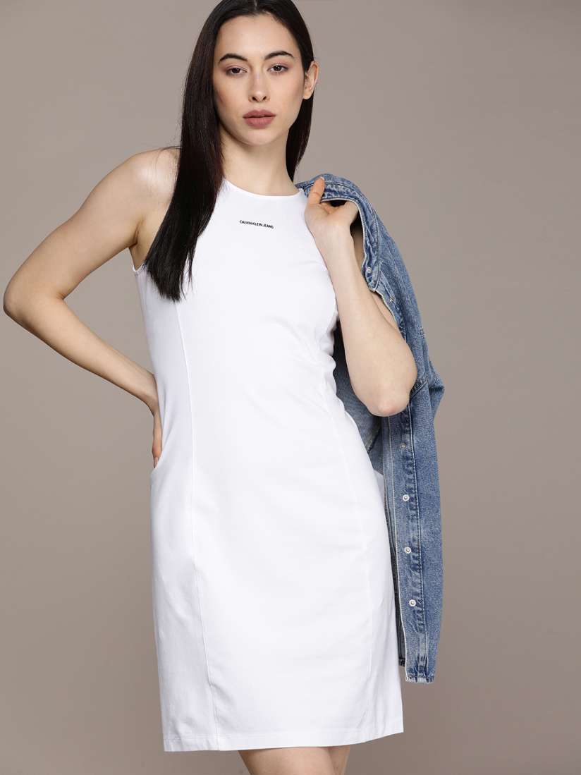 Buy Calvin Klein Jeans White Solid Sheath Dress with Brand Logo Print Detail Dresses for Women 14779634 Myntra