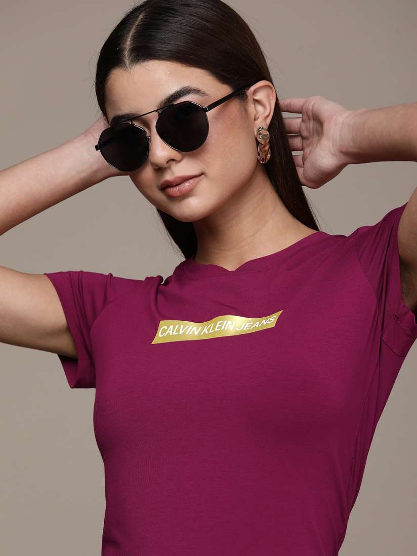 Buy Calvin Klein Jeans Women Burgundy Brand Logo Printed Slim Fit T shirt Tshirts for Women 14780328 Myntra