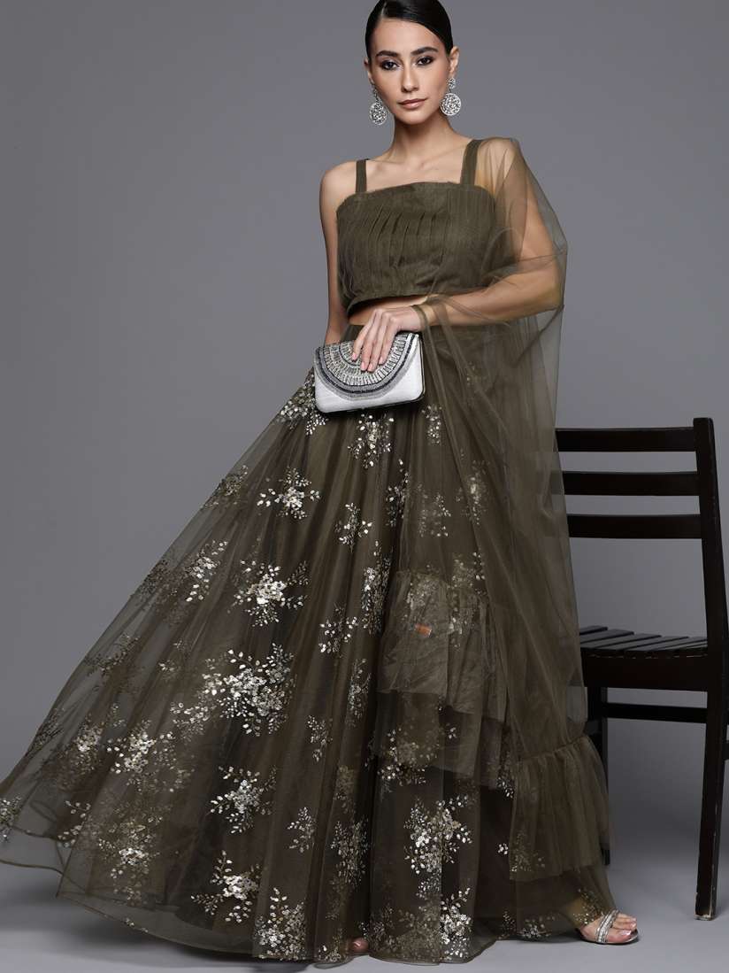 Buy Inddus Women Olive Green Sequinned Semi Stitched Lehenga Unstitched Blouse With Dupatta Lehenga Choli for Women 14786258 Myntra