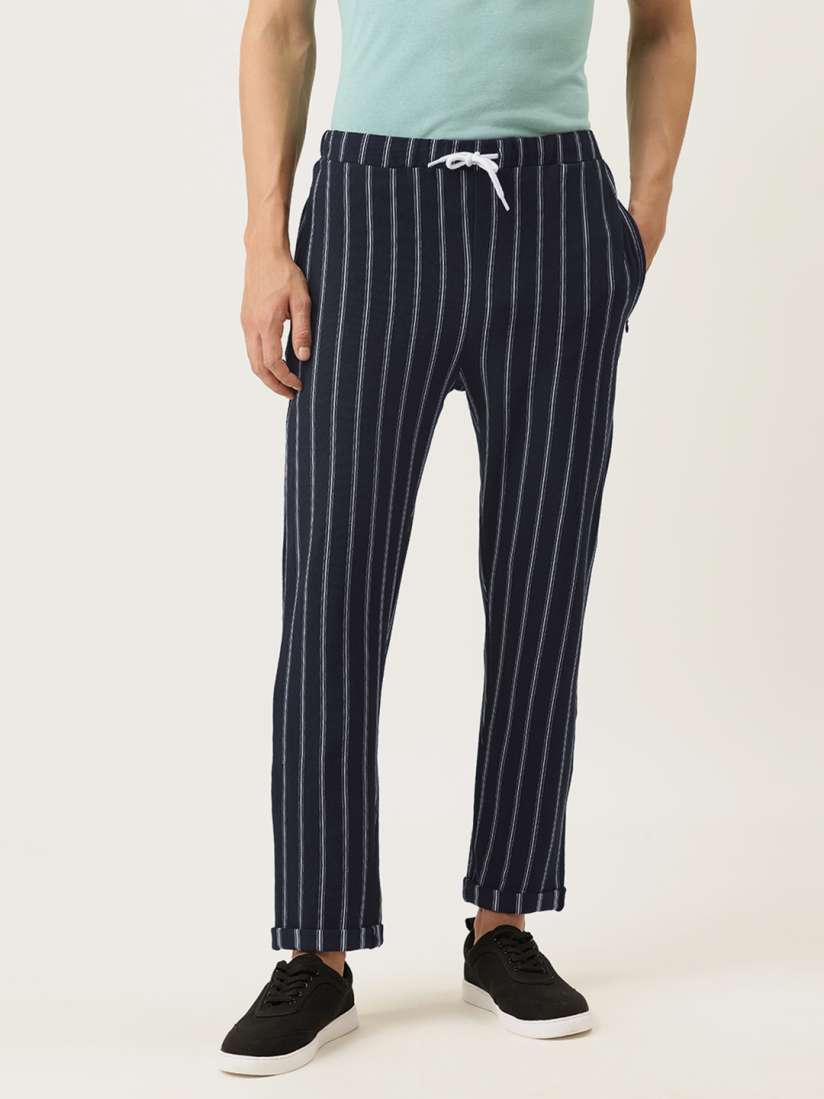 Navy blue and white track pants shop