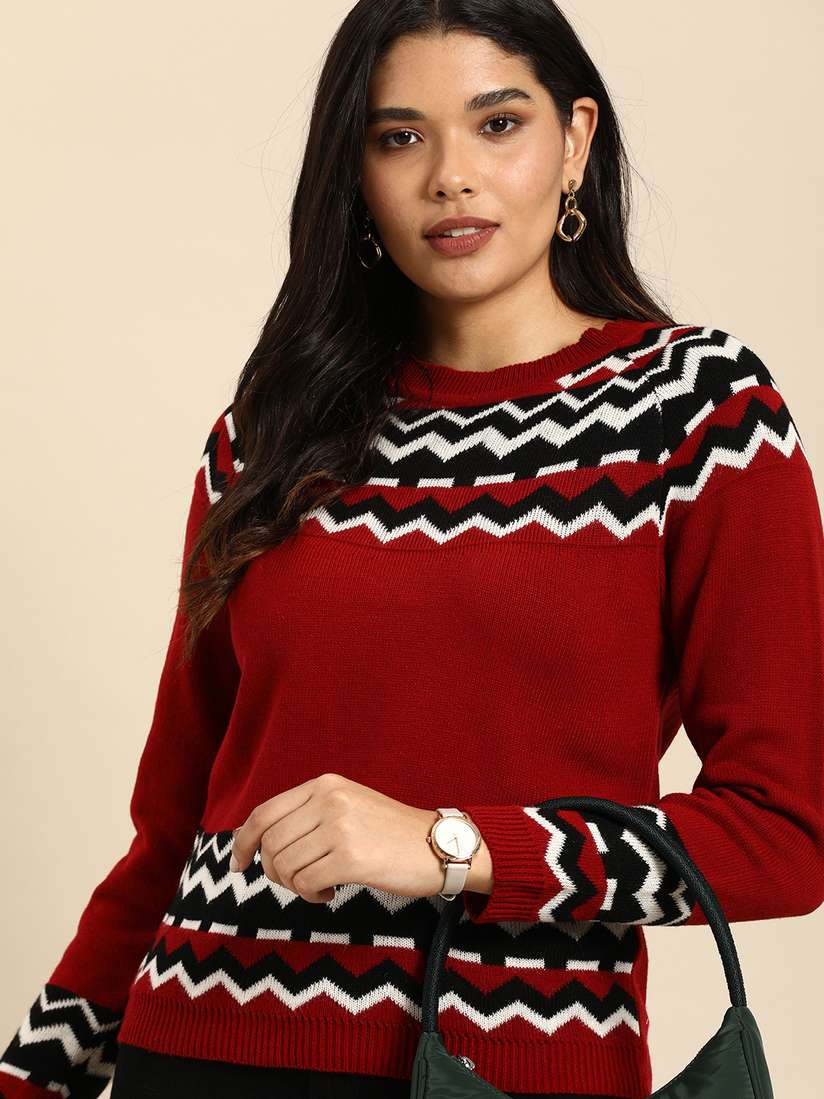 Buy Anouk Women Red White Printed Round Neck Winter Pullover