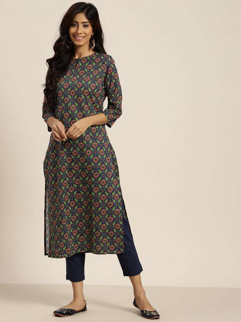 Buy Sangria Women Navy Blue Red Motifs Regular Cotton Straight Kurta with Trousers Kurta Sets for Women 14828964 Myntra