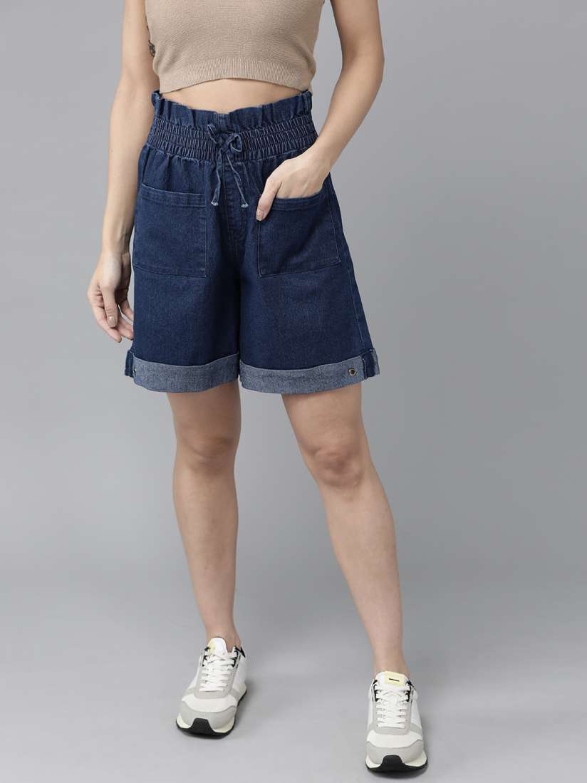Buy Roadster Women Navy Blue Regular Shorts with Paper Bag Style Shorts for Women 14850474 Myntra