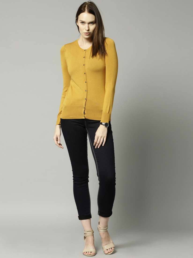 Buy Marks Spencer Women Mustard Yellow Solid Cardigan Sweaters for Women 1485264 Myntra