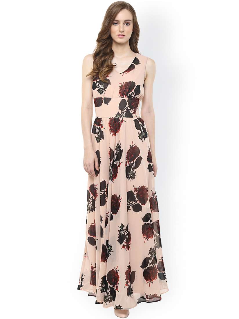 Buy Harpa Women Beige Printed Georgette Maxi Dress Dresses for Women 1485798 Myntra