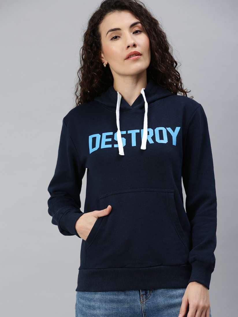 Buy Campus Sutra Women Navy Blue Printed Hooded Sweatshirt Sweatshirts for Women 14861908 Myntra