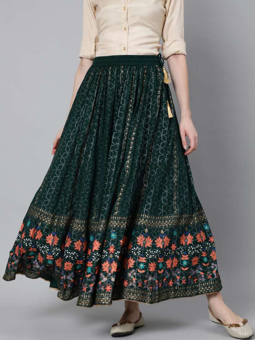 Buy Jaipur Kurti Women Green Peach Coloured Floral Khadi Printed Flared Maxi Skirt Skirts for Women 14862868 Myntra
