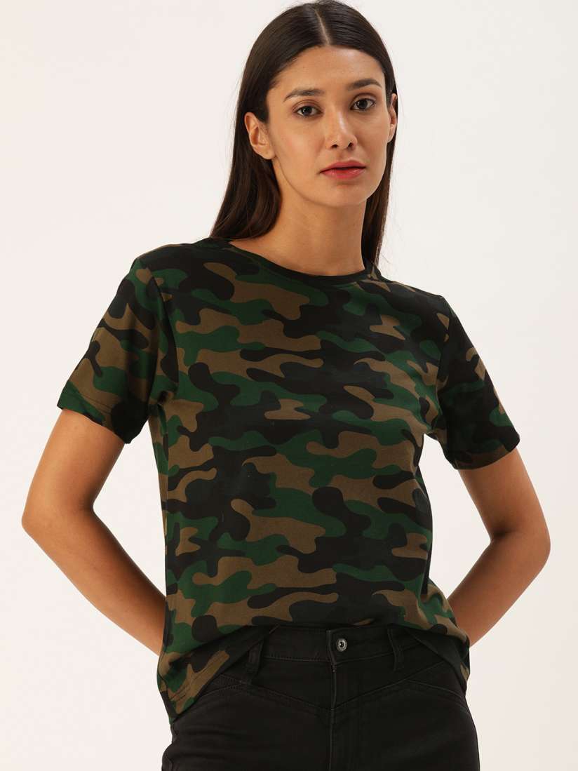 Buy VEIRDO Women Olive Green Black Camouflage Print Round Neck T shirt Tshirts for Women 14888700 Myntra