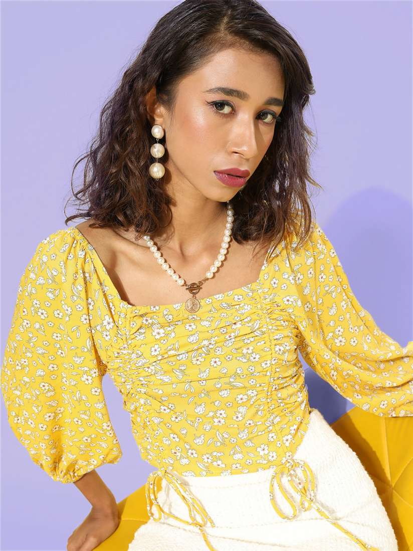 Womens yellow floral tops hotsell