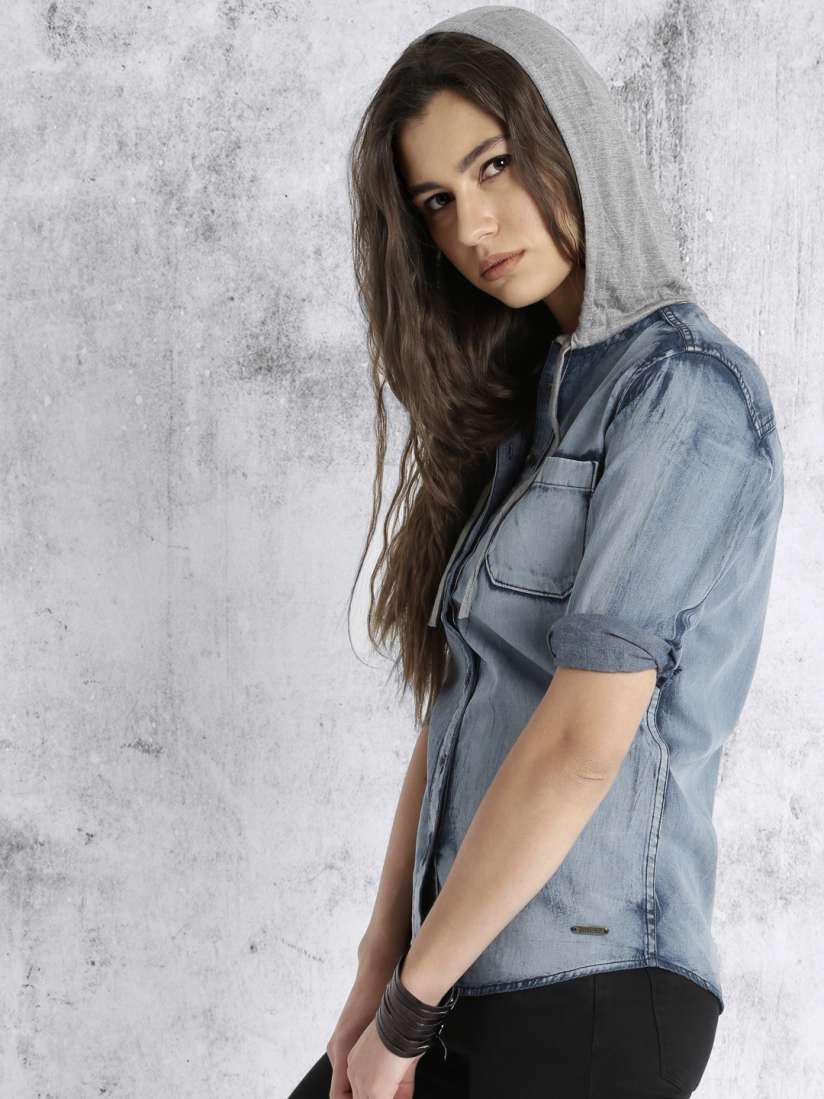 Hooded denim shirt womens shop