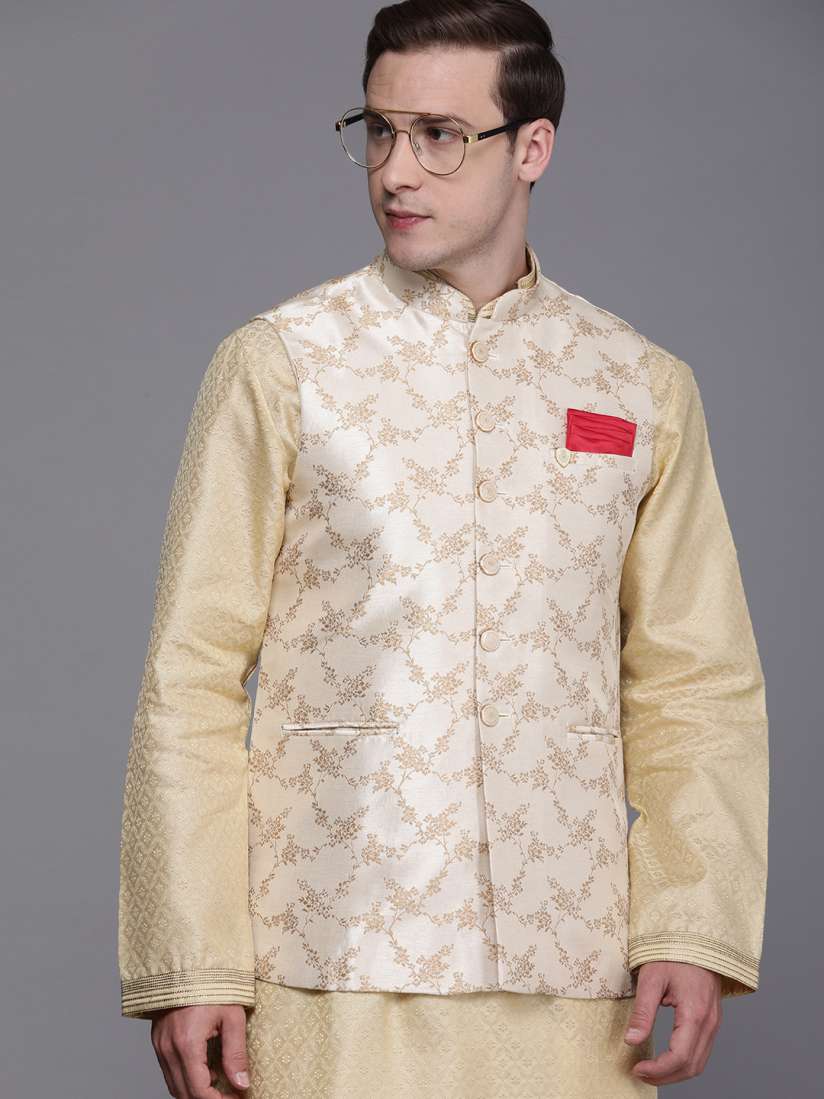 Buy Manyavar Men Beige Woven Design Jacquard Weave Nehru Jacket Nehru Jackets for Men 14914048 Myntra