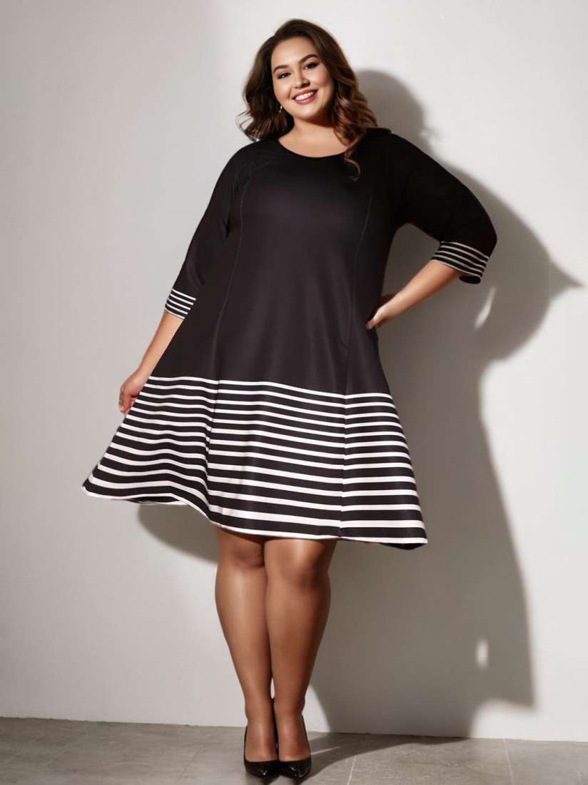 Buy Amydus Women Plus Size Black White Striped A Line Dress Dresses for Women 14936324 Myntra
