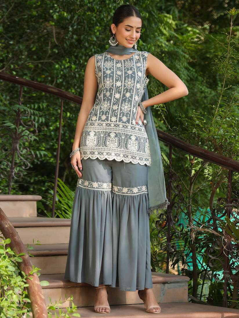 Buy Juniper Women Grey Ethnic Motifs Embroidered Sequinned Kurta with Sharara Dupatta Kurta Sets for Women 14947434 Myntra