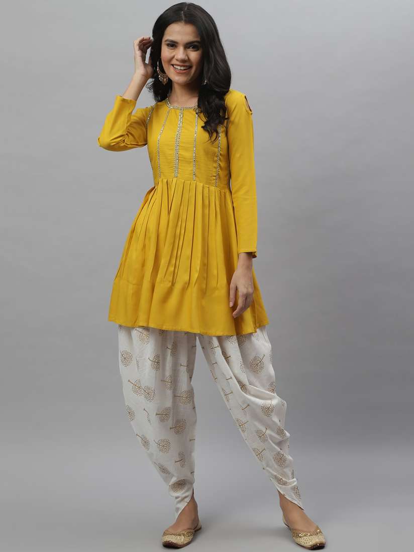 Buy Stylum Women Mustard Yellow Ethnic Motifs Yoke Design Pleated Gotta Patti Kurti with Dhoti Pants Kurta Sets for Women 14949676 Myntra
