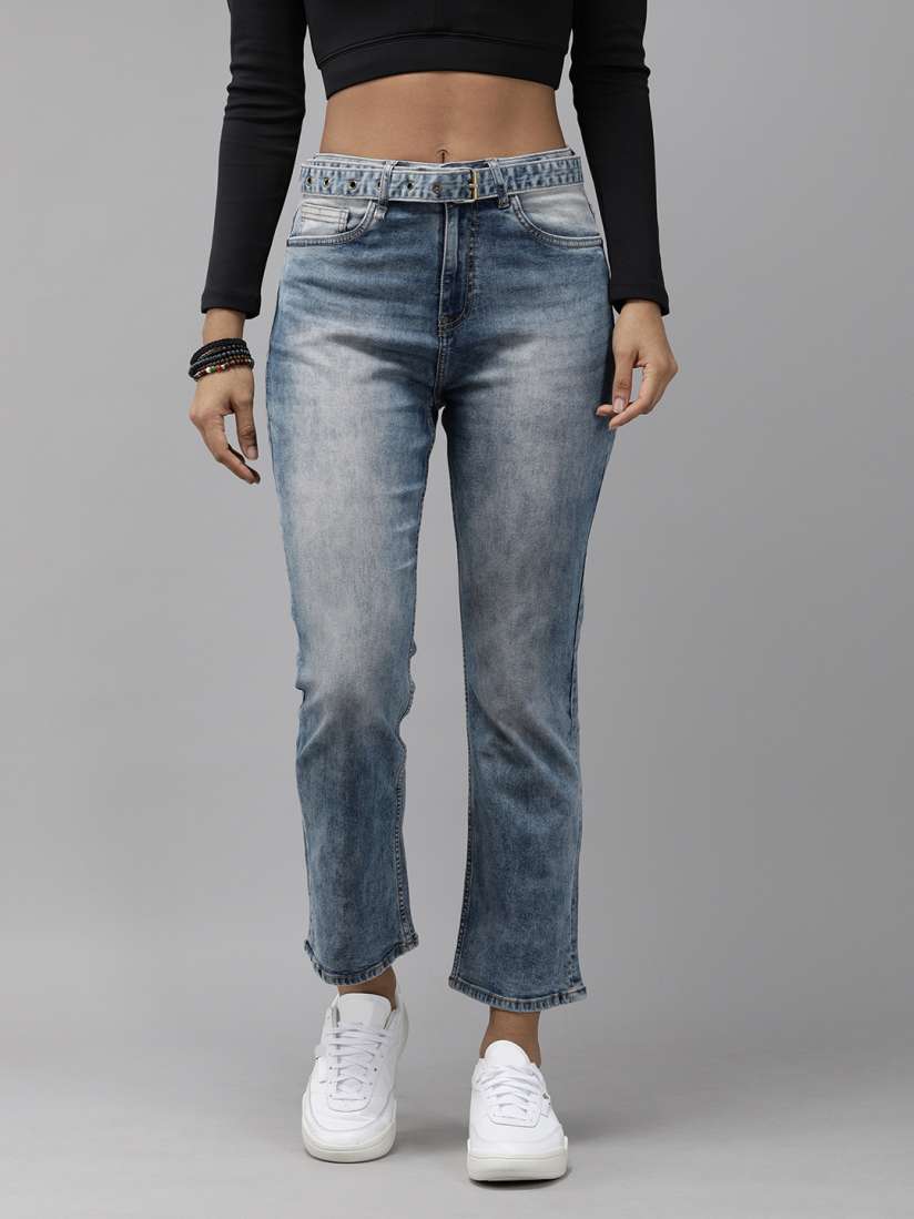 Buy Roadster Women Blue Straight Fit Heavy Fade Cropped Jeans With A Belt Jeans for Women 14954770 Myntra