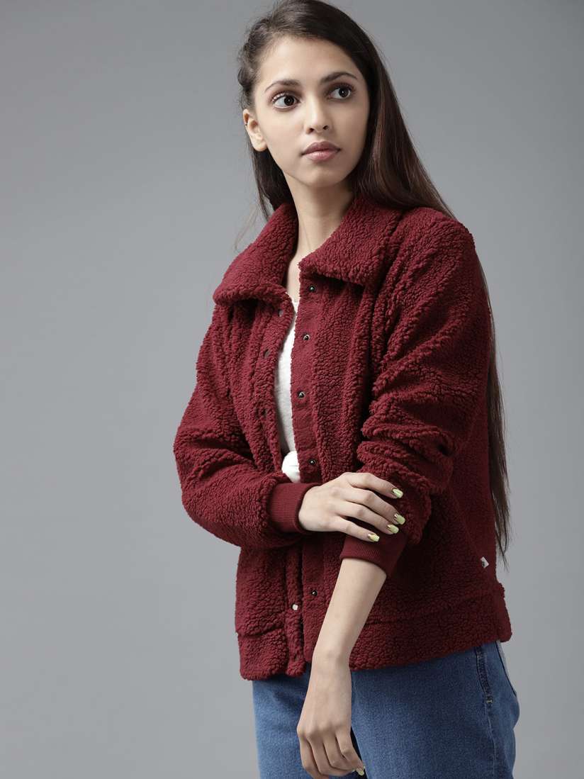 Buy UTH by Roadster Girls Burgundy Solid Sherpa Jacket Jackets for Girls 14960150 Myntra