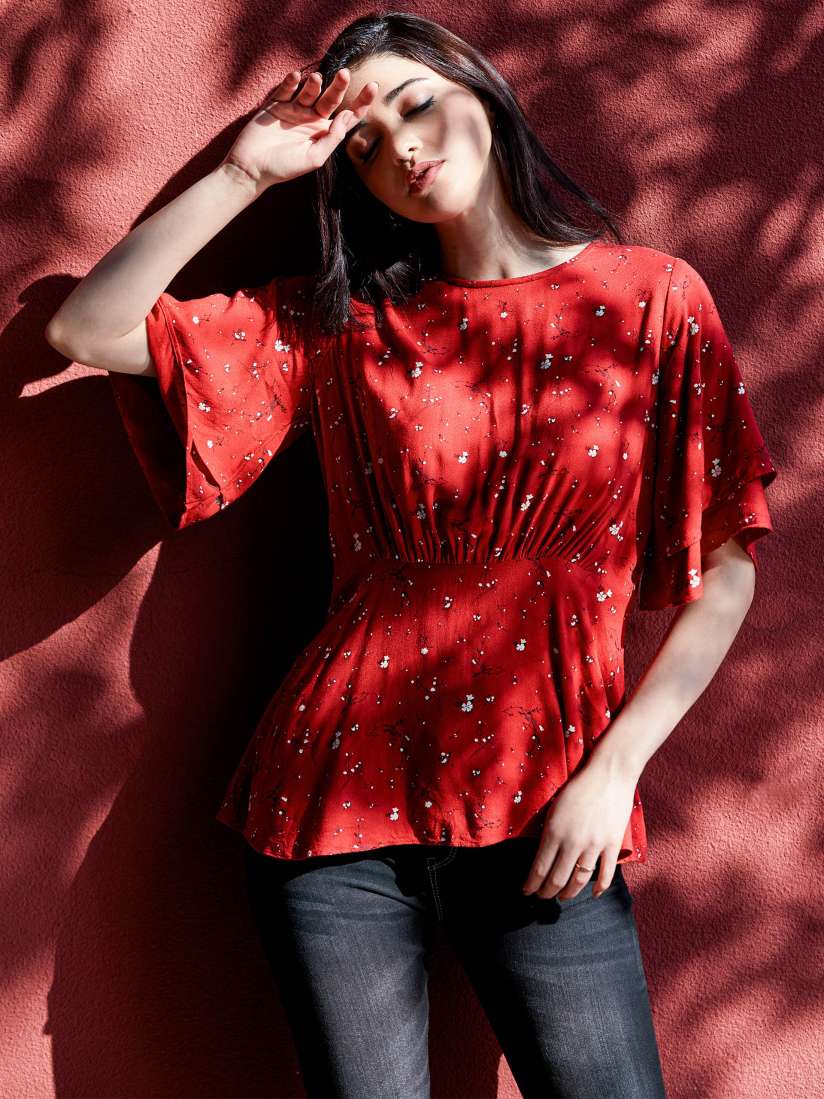 Buy Crimsoune Club Women Red Floral Printed Cinched Waist Top Tops for Women 14968624 Myntra