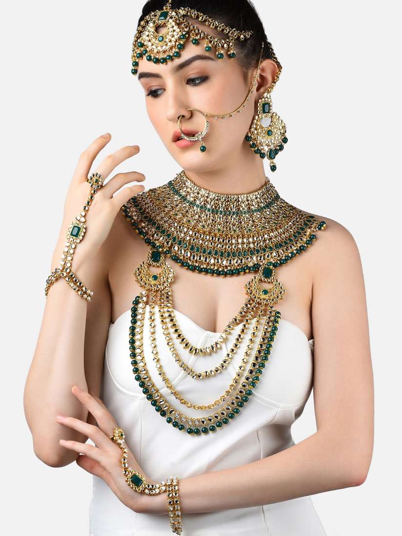 Buy Zaveri Pearls Gold Plated Green White Kundan Studded Beaded Bridal Jewellery Set Jewellery Set for Women 14983038 Myntra