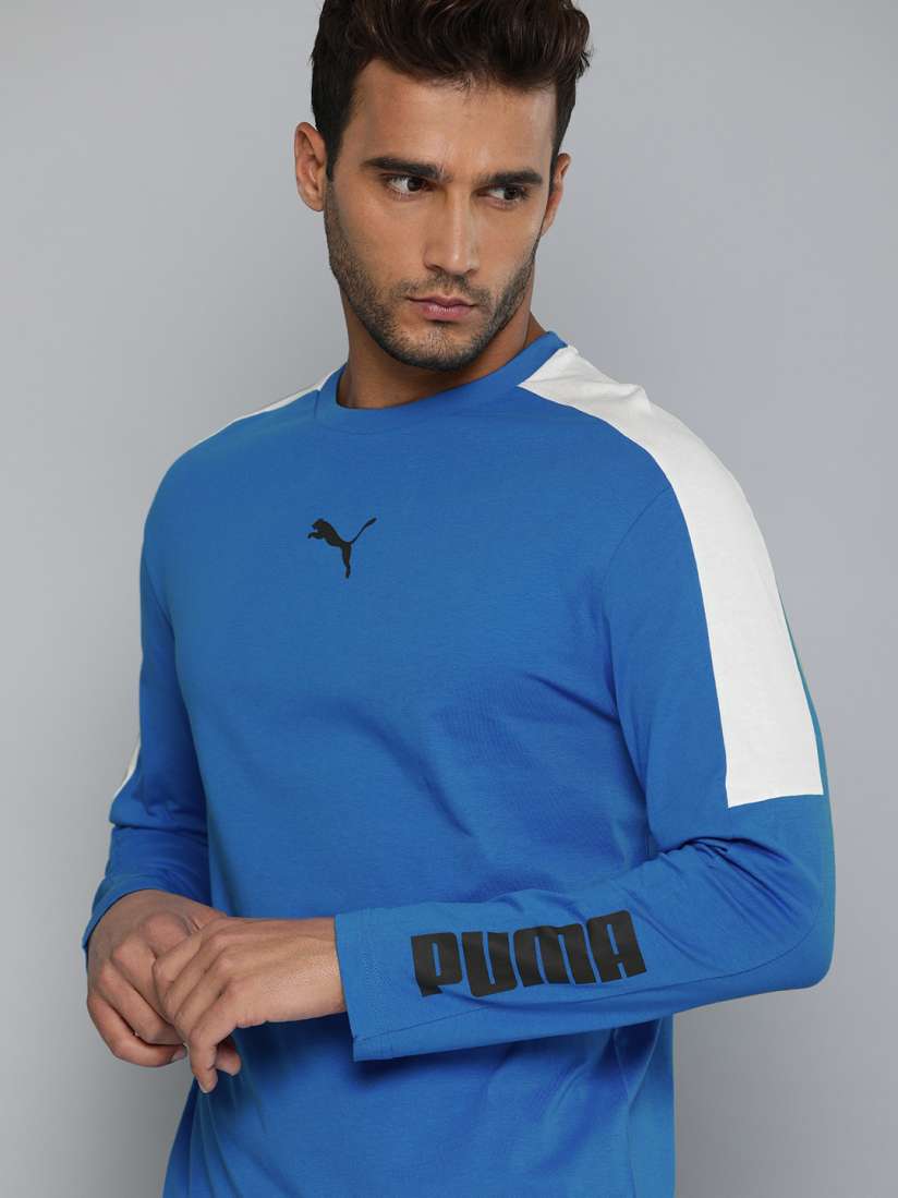 Buy Puma Men Blue White Solid Cotton Modern Long Sleeves Relaxed Fit Loose Sports Pure Cotton T shirt Tshirts for Men 14984600 Myntra