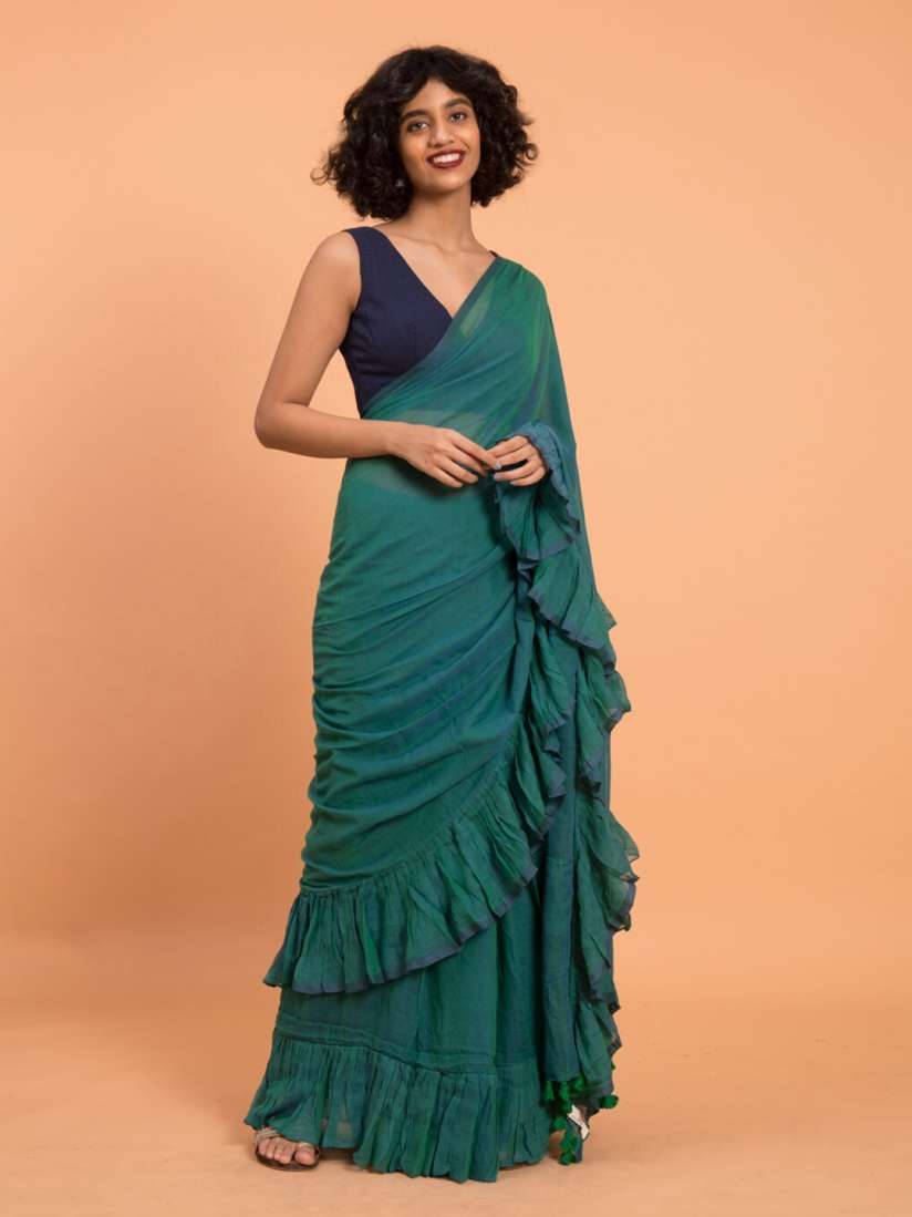 Buy Suta Teal Green Pure Cotton Ruffle Saree Sarees for Women 14988196 Myntra