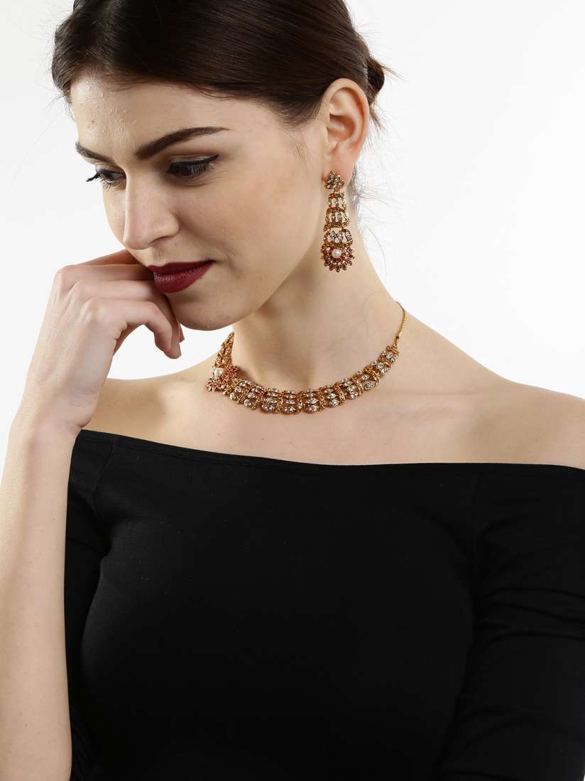 Buy Estelle 24KT Gold Plated Red Stone Studded Jewellery Set Jewellery Set for Women 1498996 Myntra