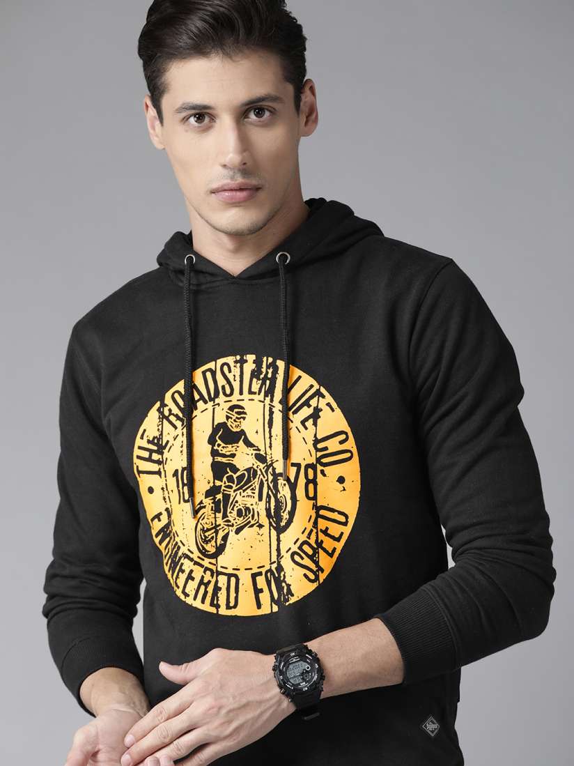 Buy Roadster Men Black Yellow Biker Print Hooded Sweatshirt Sweatshirts for Men 14991884 Myntra