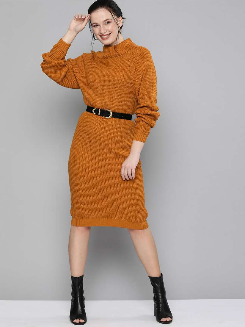 Buy HERE&NOW Women Brown Ribbed Midi Sweater Dress Dresses for