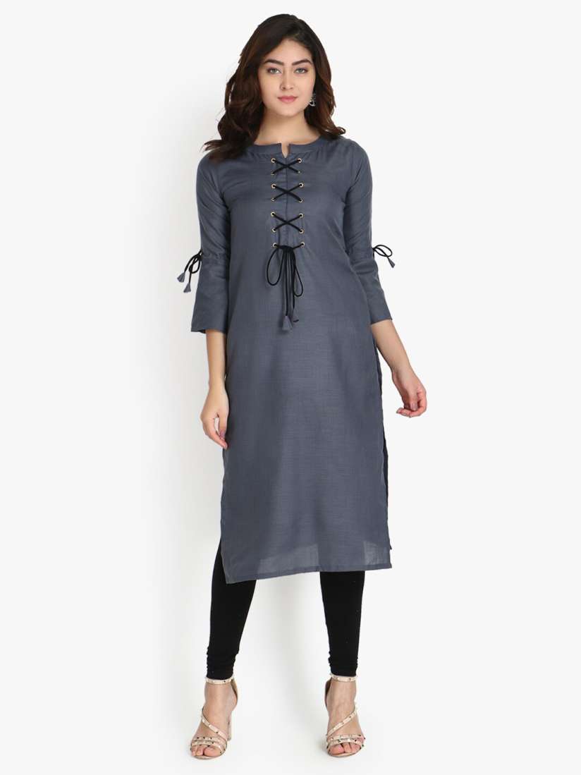 Buy OM SAI LATEST CREATION Grey Black Flared Sleeves Pure Cotton Kurti with Dori Pattern Kurtis for Women 15003828 Myntra