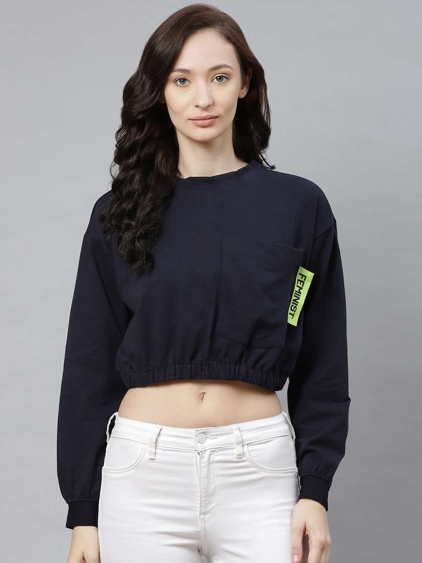 Buy Hubberholme Women Navy Blue Solid Cropped Sweatshirt Sweatshirts for Women 15007890 Myntra