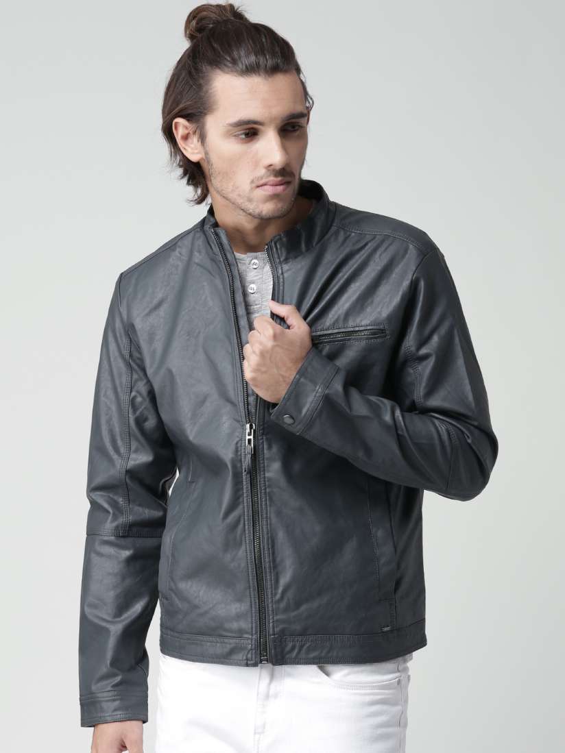 Grey faux leather biker jacket sales