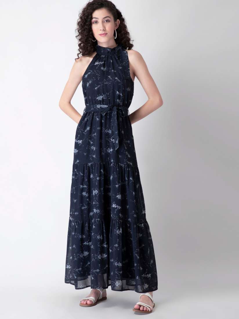 Buy FabAlley Women Blue White Floral Belted Halter Neck Georgette Maxi Dress Dresses for Women 15033886 Myntra