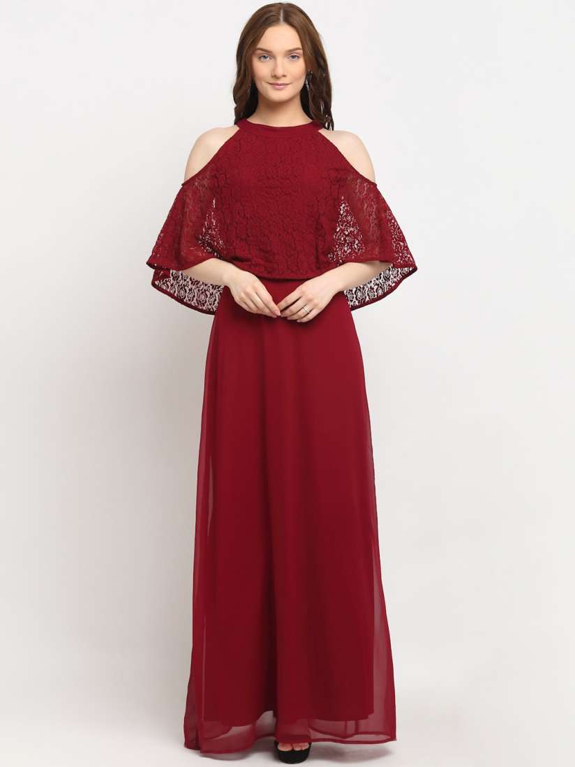 Buy La Zoire Maroon Cold Shoulder Lace Maxi Dress Dresses for Women 15045162 Myntra