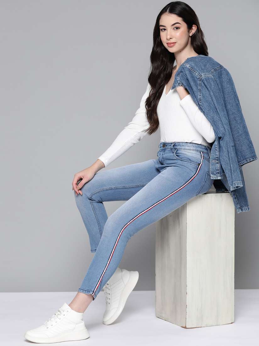 Buy Harvard Women Blue Skinny Fit Light Fade Stretchable Cropped Jeans with Side Stripes Jeans for Women 15045784 Myntra