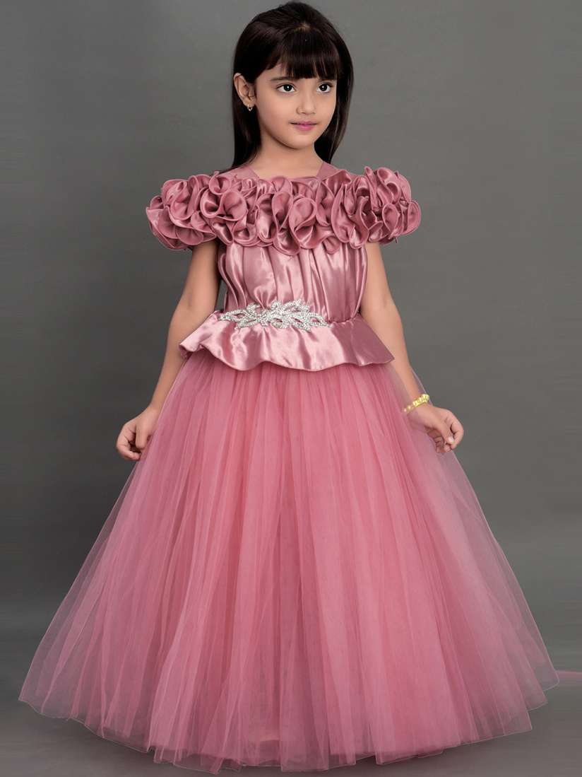 Buy Pink Chick Girls Rose Embellished Ruffled Satin Maxi Party Dress Dresses for Girls 15048512 Myntra