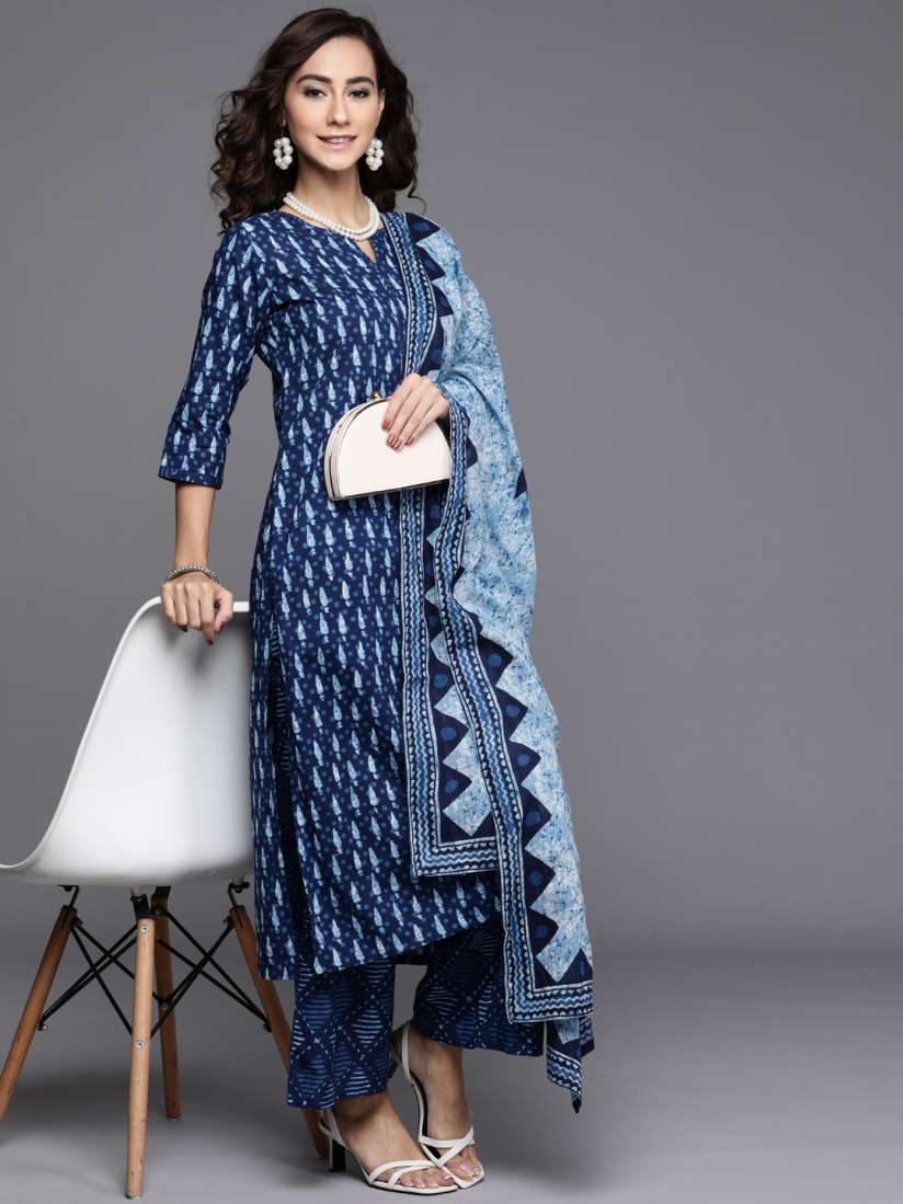 Buy Libas Women Blue Printed Pure Cotton Kurta With Palazzos Dupatta Kurta Sets for Women 15055332 Myntra