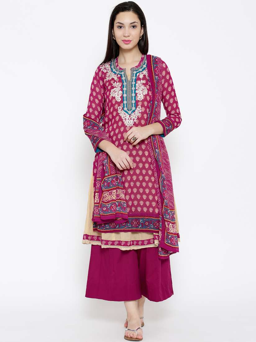 Buy Biba Magenta Embroidered Printed Kurta with Palazzo Trousers Dupatta Kurta Sets for Women 1506177 Myntra