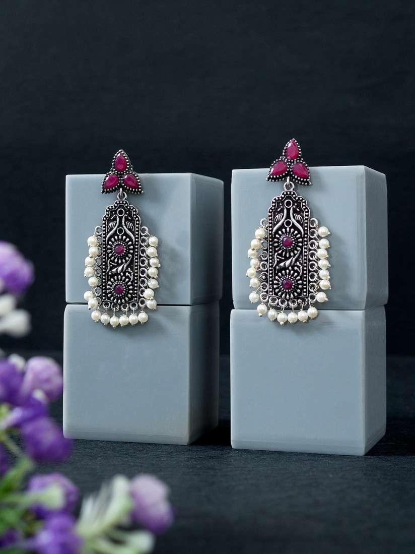 Buy Golden Peacock Silver Toned Pink Oxidised Beads Studded Contemporary Drop Earrings Earrings for Women 15071342 Myntra