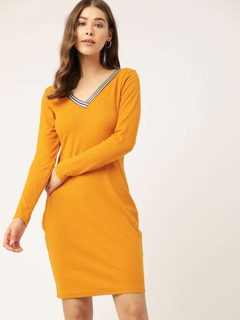 Buy DressBerry Mustard Yellow Solid Knitted Sheath Dress Dresses for Women 15083112 Myntra