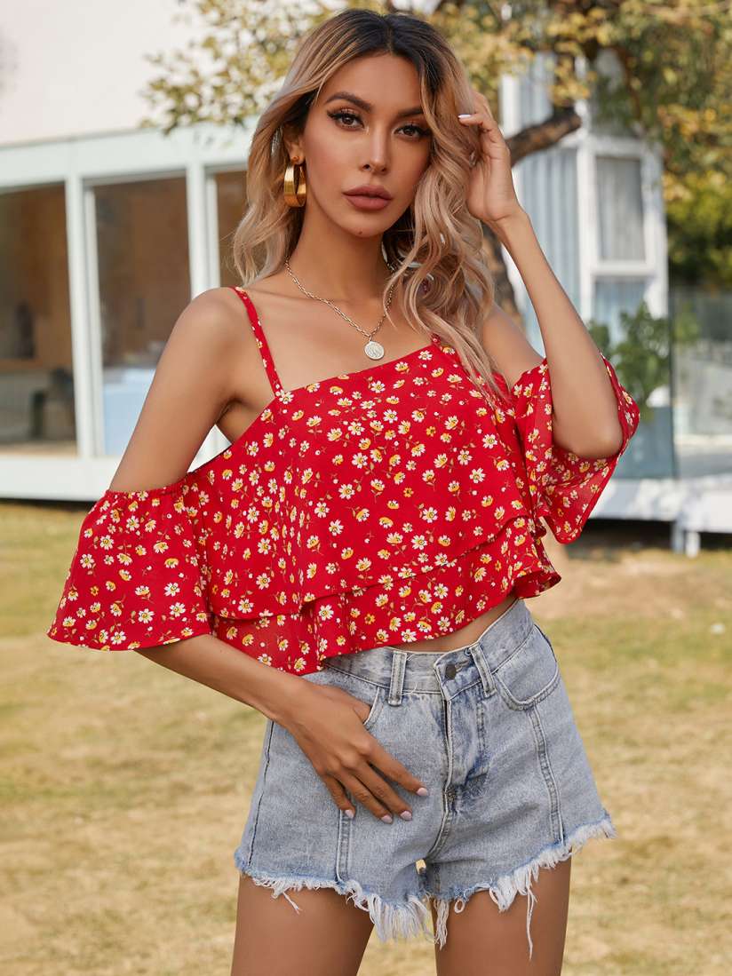 Red and white bardot top on sale