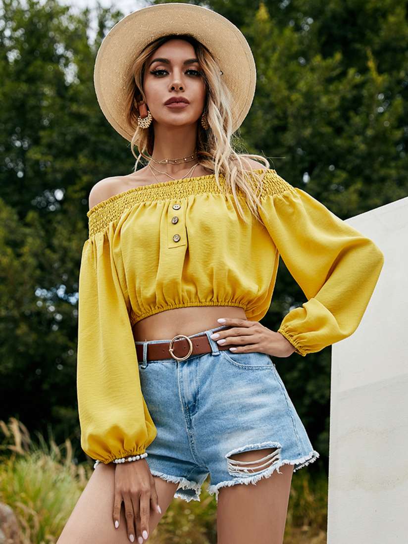 Buy URBANIC Women Mustard Yellow Solid Bishop Sleeves Bardot Top Tops for Women 15084466 Myntra