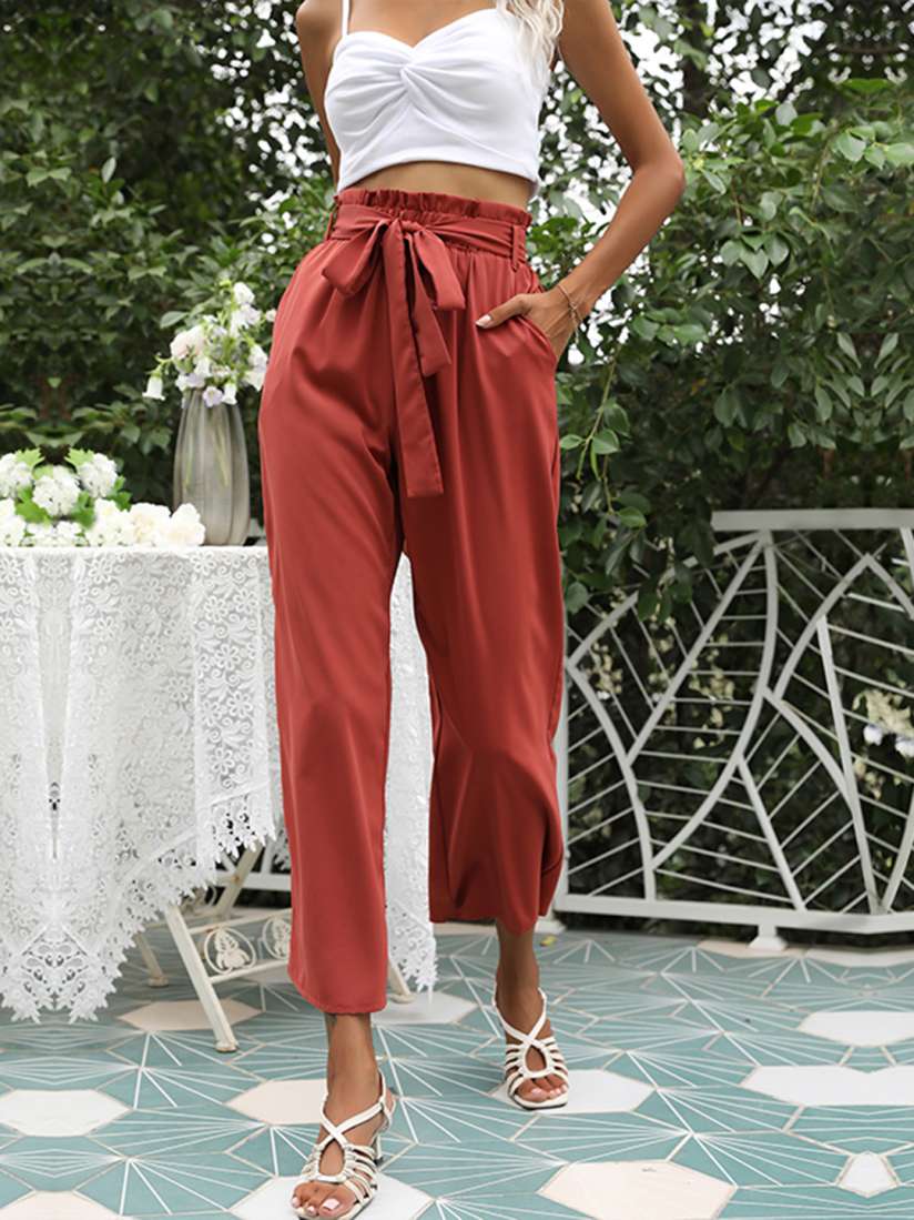Buy URBANIC Women Rust Red High Rise Straight Leg PaperBag Trousers With Belt Trousers for Women 15085670 Myntra