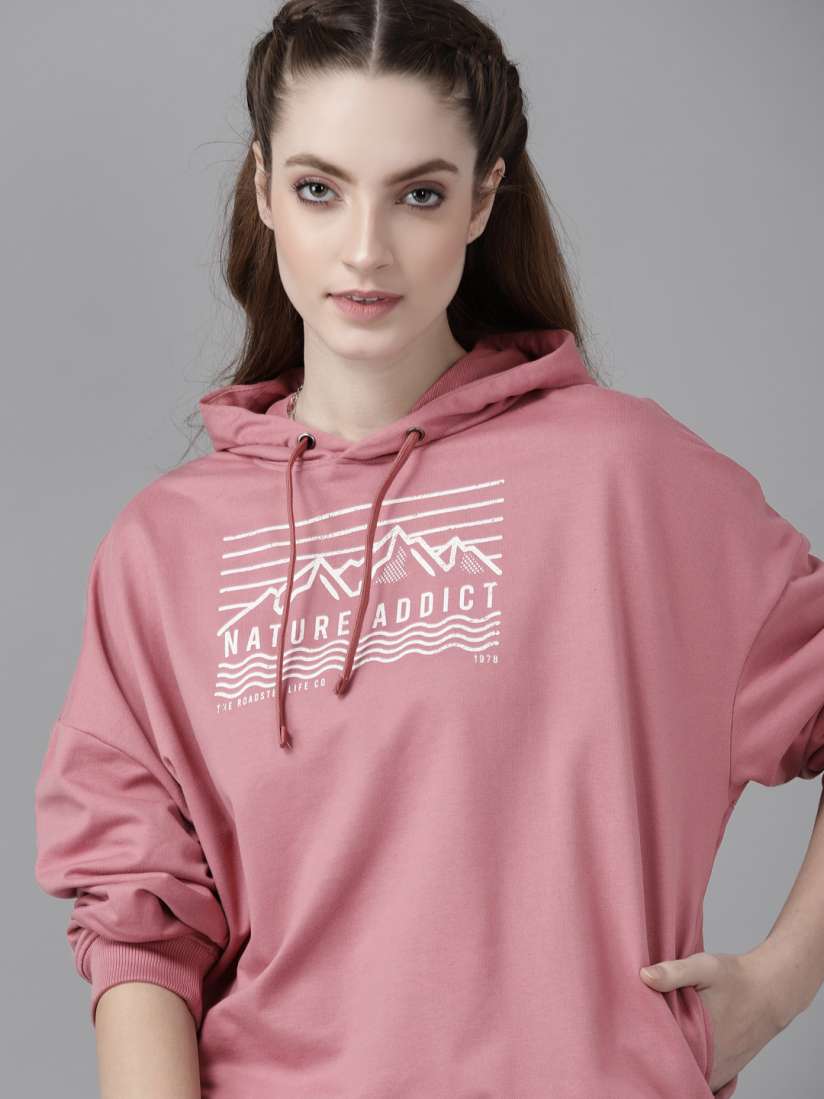 Buy Roadster Women Dusty Pink White Printed Hooded Sweatshirt Sweatshirts for Women 15088882 Myntra
