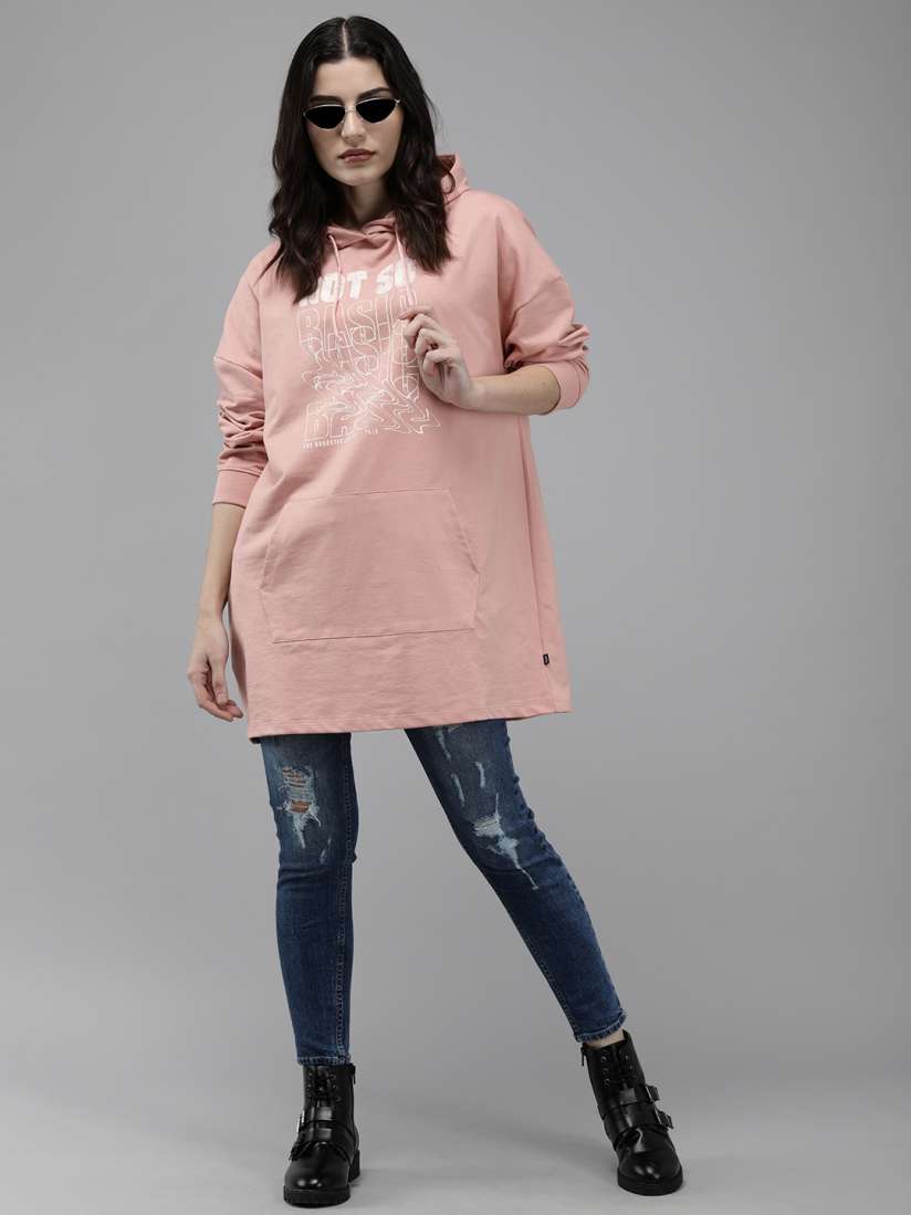 Buy Roadster Women Peach Coloured Printed Hooded Longline Sweatshirt Sweatshirts for Women 15089034 Myntra