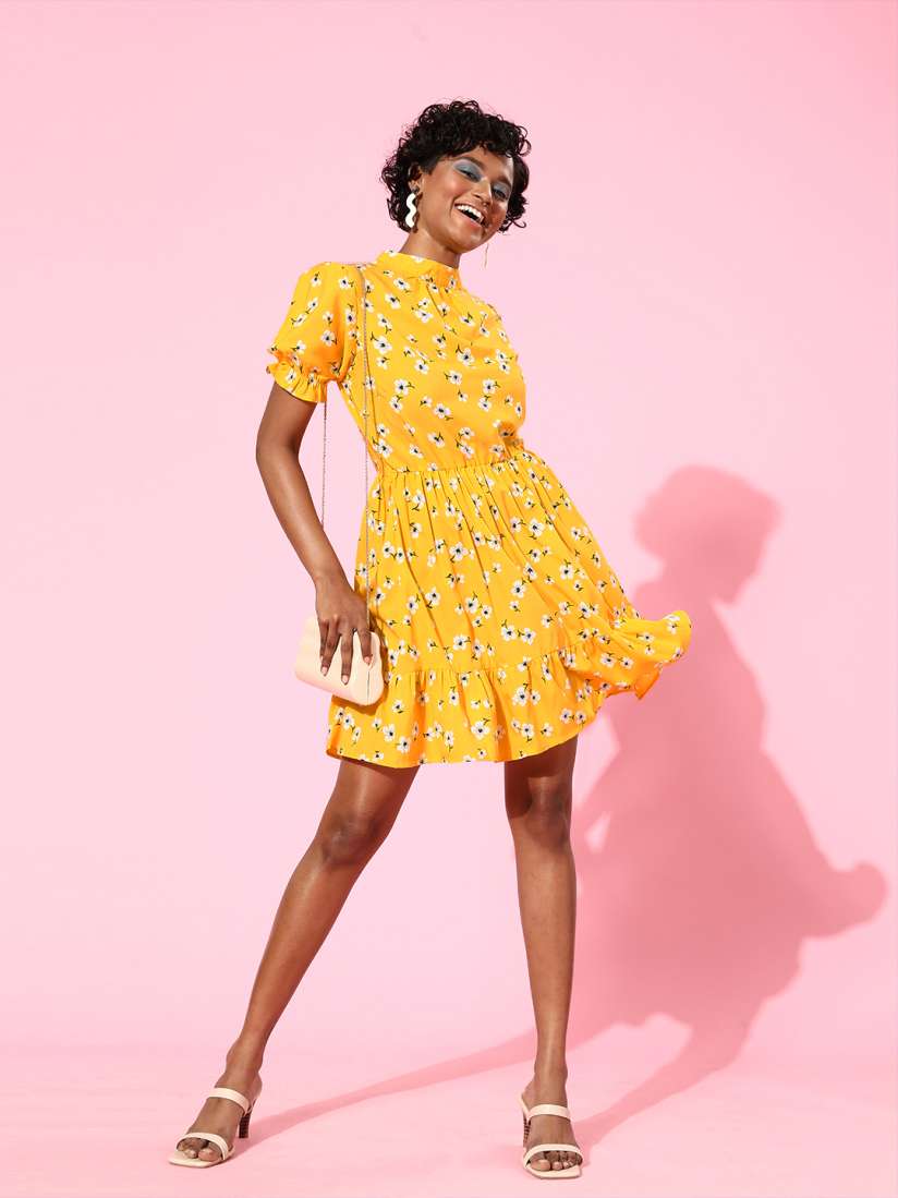 Buy plusS Women Bright Yellow Floral Sweetheart Neck Dress Dresses for Women 15095200 Myntra