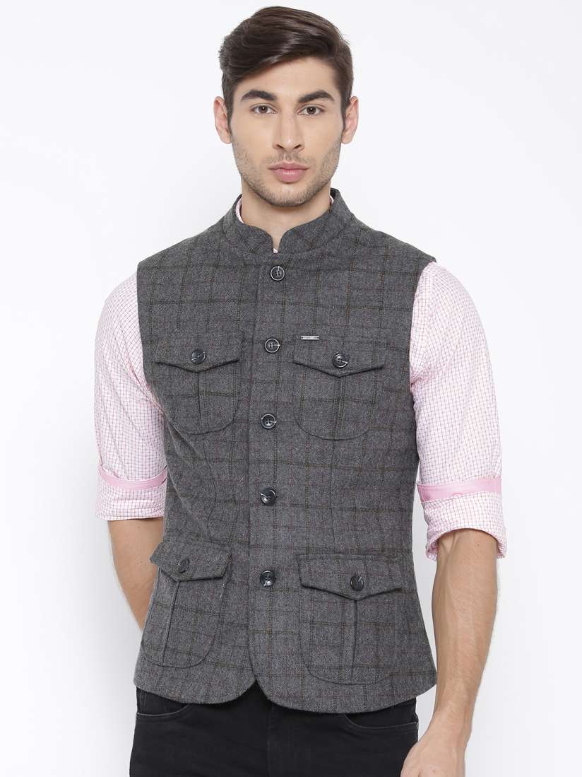 Buy Numero Uno Grey Melange Checked Nehru Jacket Jackets for Men 1511444 Myntra