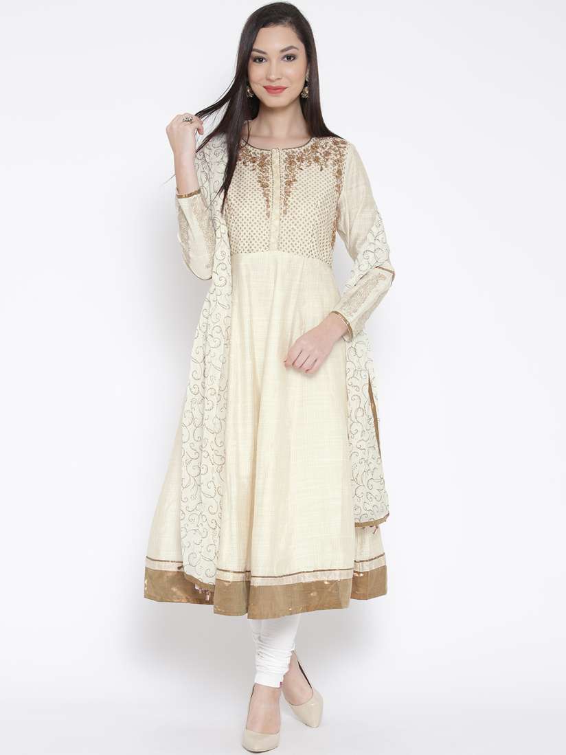 Buy Biba Cream Coloured White Sequinned Anarkali Churidar Kurta with Dupatta Kurta Sets for Women 1511869 Myntra