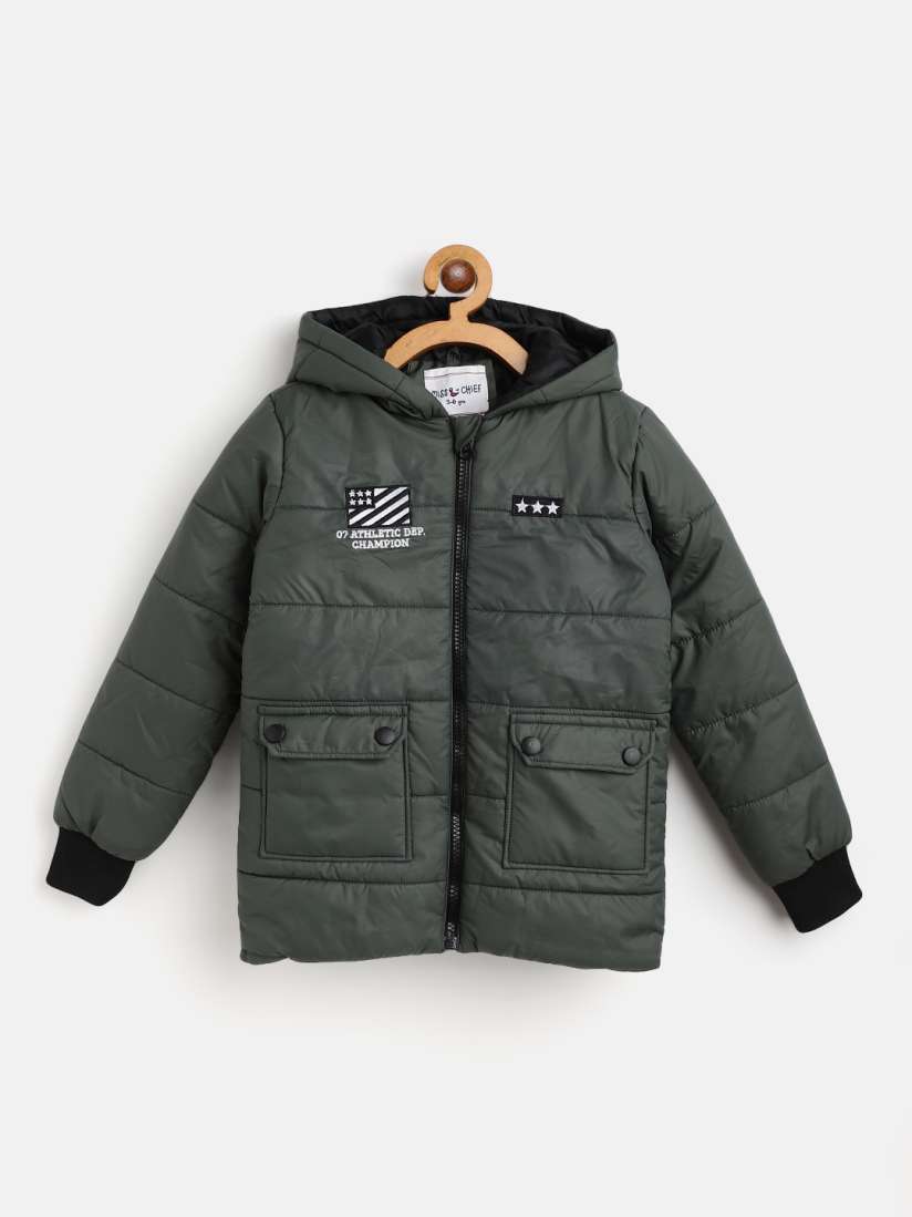 Buy Miss Chief Boys Olive Green Solid Hooded Padded Jacket with Patchwork Detail Jackets for Boys 15126358 Myntra