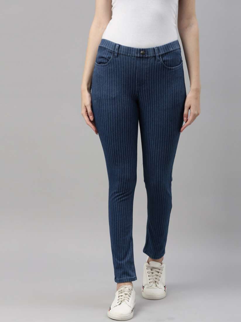Buy Go Colors Women Blue Striped Super Stretch Slim Fit Jeggings Jeggings for Women 15134350 Myntra
